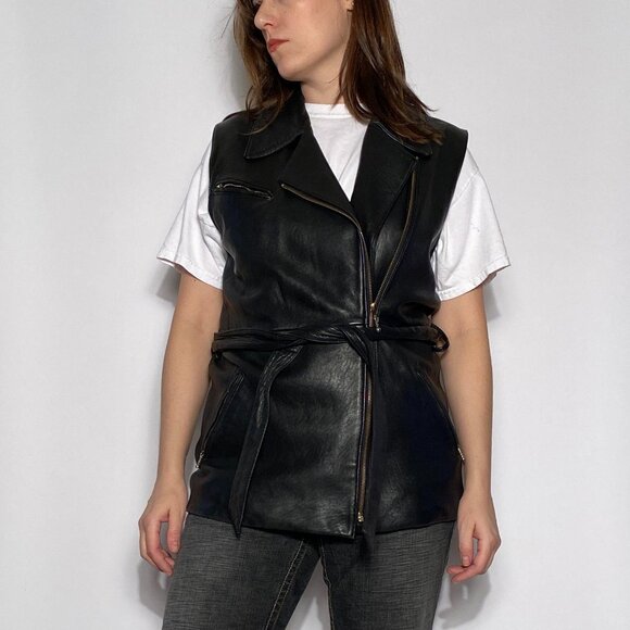 Vintage 1990s REAL LEATHER Long Tunic Motorcycle Biker Zip Up Vest! Medium - Picture 6 of 8